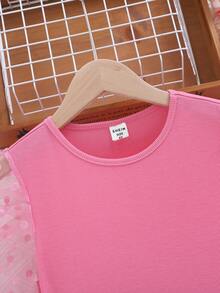 Young Girl Solid Color Round Neck Contrast Mesh Gigot Sleeve Casual T-Shirt, Pink Tops For Kids, Pink Tops For Girls, Pink Long Sleeve Shirt For Girls, Girls Shirts With Puffy Arms - Pink - View 6