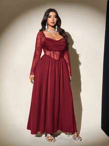Viva Relle Robe midi évasée en satin à manches longues avec encolure drapée, patchwork de dentelle et découpes, taille noire. Robe maxi élégante vintage pour soirée décontractée