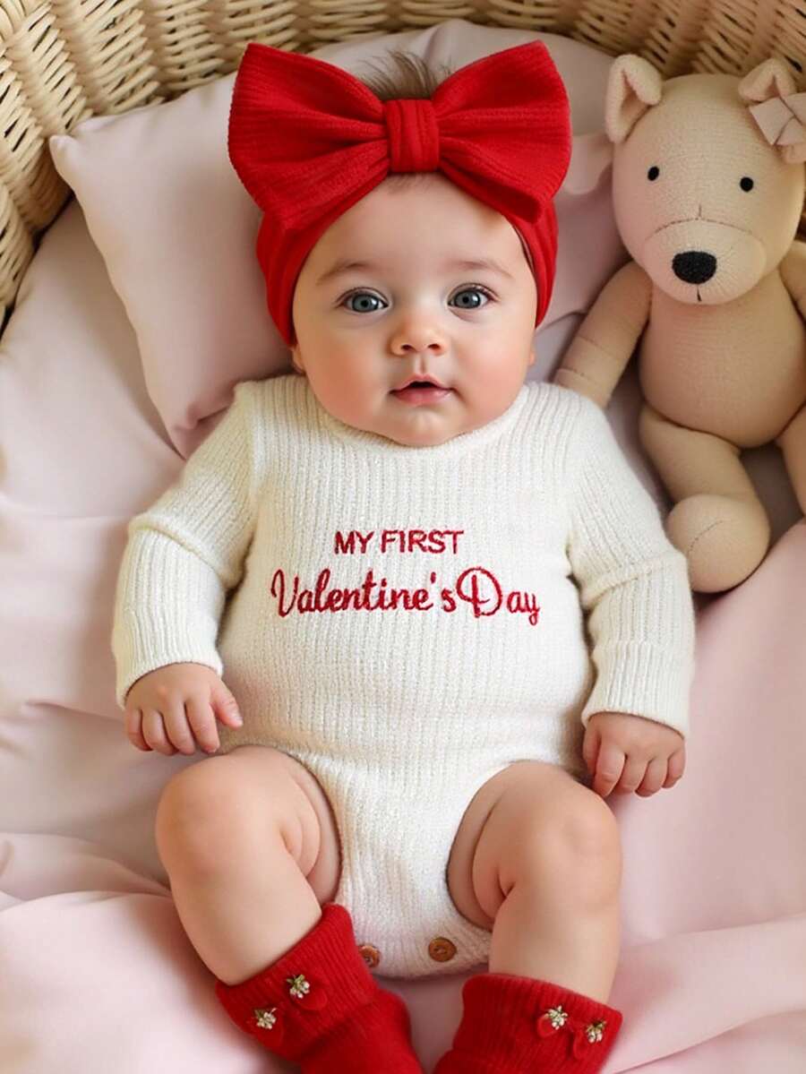 SHEIN 2pcs Set My First Valentine's Day Embroidery Newborn Photography Outfits Knitted Baby Girl Romper With Bow Headband 1 Month 100 Days Infant Photo Props - Multicolor - View 1