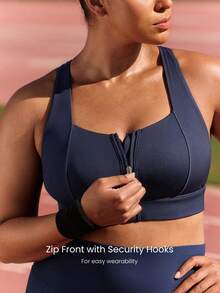GLOWMODE OptiDry Plus Size Win Soft Stretchy Built-In Cups Square Neck Front Zipper Crossover Back Sports Bra Running Gym Workout Spring - Dark Blue - View 3