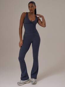 Musera Sport Sport Longline Fitted Cami Top And Flared Yoga Pants Set Autumn Fall Winter Activewear Sport Gym Workout - Navy Blue - View 5