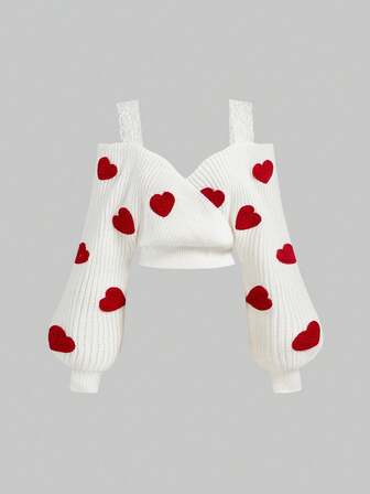 Sweet & Spicy Heart Cutout Shoulder Knit Sweater For Women, Cropped, Autumn/Winter, Trending, Girly, Flattering, White