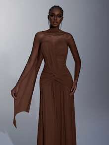 Elitara 优雅的灰绿色高弹针织网纱胸衣，正面褶皱设计，腰部扭结细节，鱼尾下摆（可拆卸颈饰），飘逸的鱼尾裙，适合约会、度假、单身派对、婚礼及所有正式场合，亦可作为正式晚礼服。 - 咖啡棕 - 查看 7