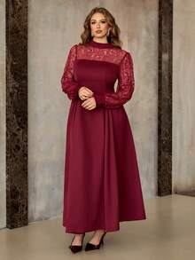 Roveilla Đầm Maxi Tay Dài Cổ Tròn Phối Ren Cỡ Lớn Mùa Xuân, Thu & Đông Phong Cách Pháp Lãng Mạn Sicily Thanh Lịch Thường Ngày Đi Làm Kỳ Nghỉ Trà Chiều Giáng Sinh Sang Trọng Tiệc Tùng Màu Trơn Ren Chắp Vá Cổ Tròn Cổ Đứng Khoét Rỗng Eo Xòe Viền Tay Dài - Đỏ - Xem 7