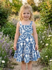 Emery Rose Kids Emery Rose Kids Young Girl Blue Totem Print Detachable Bow Decor Dress, Fashionable Design Suitable For Outdoor Vacation Blue And White Floral Dress Girls Open Back Dress For Kids Twirl Dress Girls Tween Blue And White Dress