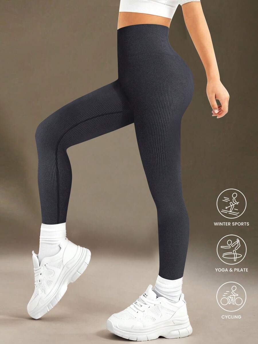 SHEIN Seamluxe Sport 高腰罗纹无缝修身女童紧身裤 - 云朵般柔软,第二层肌肤般柔软,速干透气,四向弹力紧身裤,适合跑步、骑行、瑜伽、泡菜球运动、休闲,黑色 - 深灰色 - 查看 1