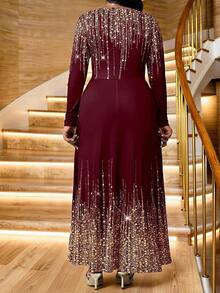 SHEIN Lady 春夏优雅派对婚礼鸡尾酒会音乐会/节日针织圆领喇叭长袖加大码连衣裙 - 酒紅色 - 查看 2