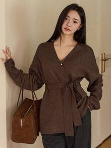 Dazy-Less Women's Loose Business Casual Elegant Tie-Front Cardigan Sweater, Suitable For Autumn, Spring, Winter, Street Style, New Year, Christmas - Brown - View 5