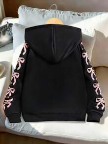 SHEIN 冬季服装、儿童冬季服装、秋季服装、万圣节、万圣节服装、圣诞节服装、女童休闲运动夹克、百搭学院风蝴蝶结和数字图案插肩袖连帽拉链运动衫女童连帽衫夹克女童图案夹克女童卡通夹克少女服装拉链连帽衫少女拉链赛车风格运动衫秋季 - 黑色 - 查看 2
