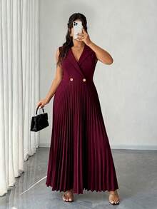 Elenzga 大码女士春夏优雅雪纺弹力修身美人鱼连衣裙 - 酒紅色 - 查看 4