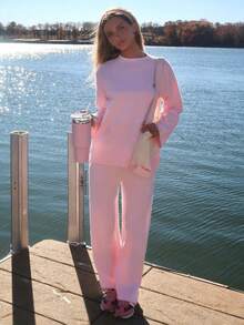 Sydney Algeri Women's Casual Solid Color Knitted Sweater And Pants 2 Pieces Set, Autumn/Winter - Baby Pink - View 6