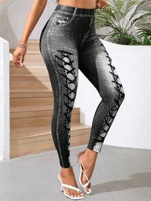 SHEIN Lady 女士弹力玉米图案系带休闲打底裤 - 黑色 - 查看 6