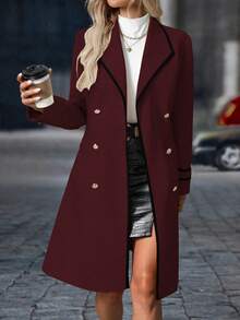 SHEIN Clasi Women's Casual Daily Oversized Lapel Contrast Trim Double-Breasted Wool Blend Coat, Autumn/Winter - Burgundy - View 7