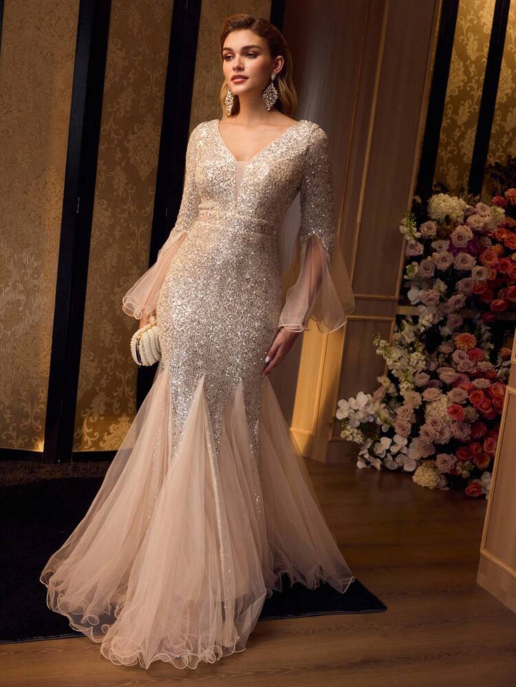 MOTF Soiréza 여성용 깊은 V넥 스팽글 플로어 길이 파티 가운, 튤 커프스 및 밑단이 있는 긴 플레어 슬리브, 머메이드 물고기 꼬리 스커트 및 몸매에 꼭 맞는 실루엣, 갈라, 결혼식 및 주얼리 및 힐과 함께 다양한 스타일링에 이상적