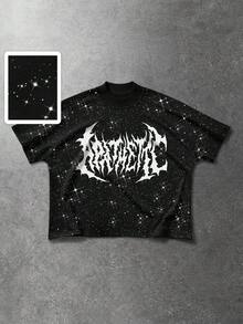 ROMWE MEN Street Life Men's Graphic Print Rhinestone Decor Round Neck Short Sleeve T-Shirt - Black - View 1