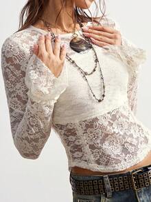 Bohemela 波西米亚风冬季圣诞节新年情人节派对休闲针织蕾丝衬衫圆领喇叭长袖女式上衣 - 杏色 - 查看 2