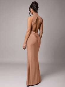 xheSilquee Vestido de cóctel elegante para mujer con cuello alto, manga larga, espalda descubierta y sexy, decorado con hebilla metálica, en color borgoña y claro, de tela de punto elástica, largo hasta el tobillo, adecuado para cóctel, cita romántica, vestido de punto maxi para otoño/invierno, fiesta formal, boda, dama de honor, vestido de noche, Halloween, Navidadxhe - Caqui - Ver 4