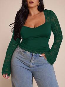 SHEIN BAE Plus Size Women's Elegant Sweetheart Neck Contrast Lace Long Sleeve Blouse, Spring/Autumn - Dark Green - View 2