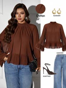 Femmeverse Plus Size Women Layered Ruffle Trim Long Sleeve Casual Top, Elegant Style For Holiday Fall - Coffee Brown - View 3