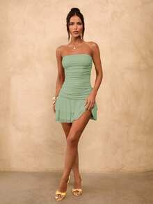 SHEIN BAE Solid Yellow Cream Ruched Bodycon Ruffled Hem Mini Dress, Cute Summer Dress, Brunch Dress, Yellow Dress - Mint Green - View 4