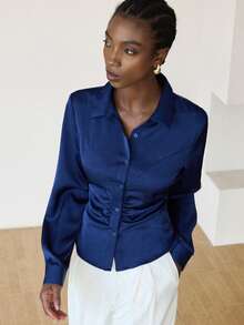 Aveloria Modichic Satin Textured Fabric, Tie-Back Waist Decor, Fashionable Lapel Collar Long Sleeve Shirt - Navy Blue - View 6
