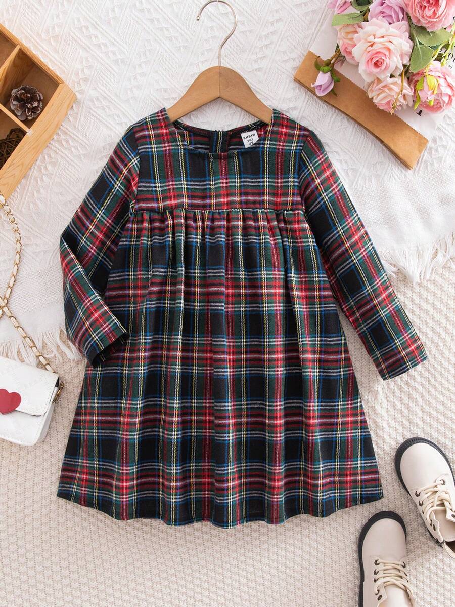 SHEIN Young Girls' French Elegant Plaid Patchwork Woven Fitted Long Sleeve Dress, Autumn/Winter,Christmas - Black - View 1