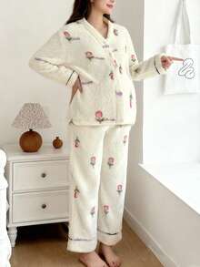 Moonlight&Mama 女士浪漫郁金香印花舒适V领开衫长裤孕妇睡衣套装，秋冬款