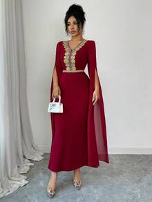 Rafferiza Elegant And Sophisticated V-Neck Long Dress With Gold Lace Embroidery, Fitted Waist, Hip-Hugging Knit, Stretch Chiffon, And Fairy Sleeves. Perfect For Spring And Summer. Also Suitable For Weddings, Evenings, Valentine's Day, Birthdays, And Other Occasions. A Red Dress For Women, Perfect For Weddings. - Burgundy - View 5