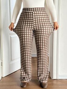 Lounesse 大码喇叭格纹修身优雅裤 办公室工作格纹裤 棕色格子裤 女士方格裤 休闲女装 - 彩色 - 查看 4
