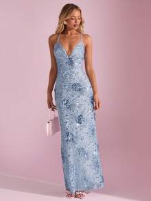 SHEIN Glamour 女士优雅性感亮片刺绣露背吊带连衣裙 - 淺藍色 - 查看 3