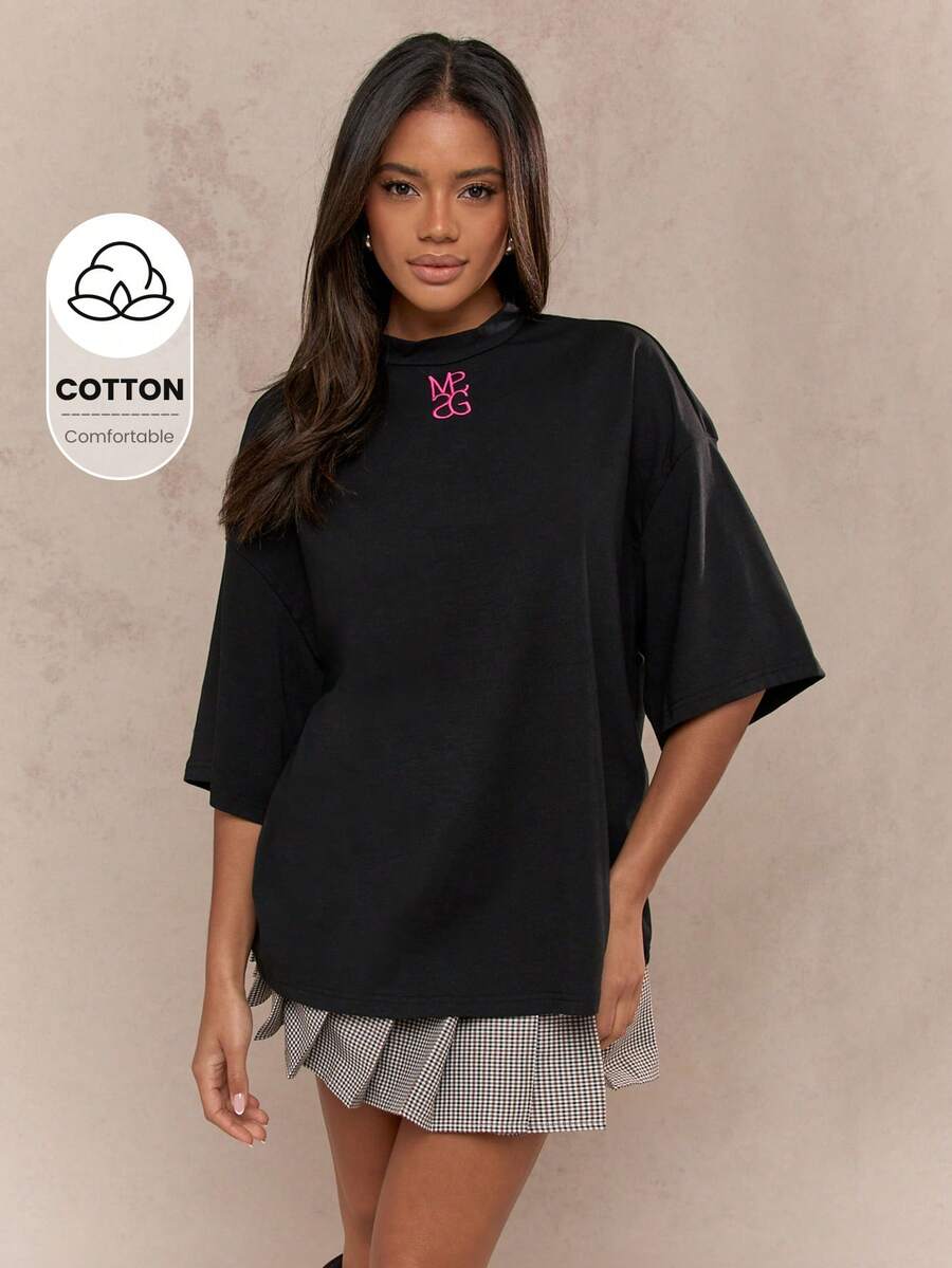 MISSGUIDED Áo thun cỡ lớn thêu logo - màu đen - Xem 1
