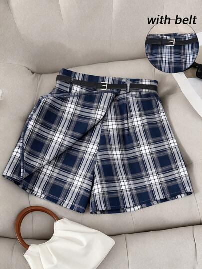 Franclia Plus Size Women Plaid Casual Shorts, Versatile Weekend, Commute, Chic Shorts With Belt, Spring/Autumn Women's Plaid Shorts Plaid Shorts Checkered Shorts Skort Sets For Women Women's Checkered Shorts 2 Piece Sets Woman Shorts Plaid Two Piece Set