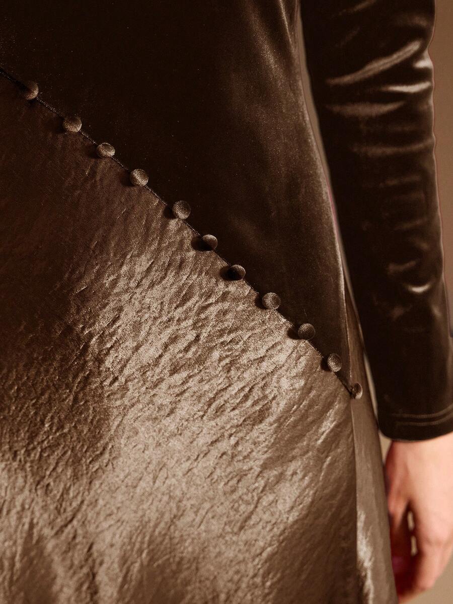 MOTF PREMIUM VELVET & SATIN PATCHWORK HIGH SPLIT HEM DRESS