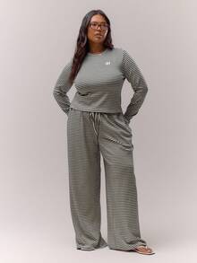 MUSERA Plus Wide Leg Baggy Drawstring Stripe Trousers Only Casual Cute Cosy   Night In - Black and White - View 1