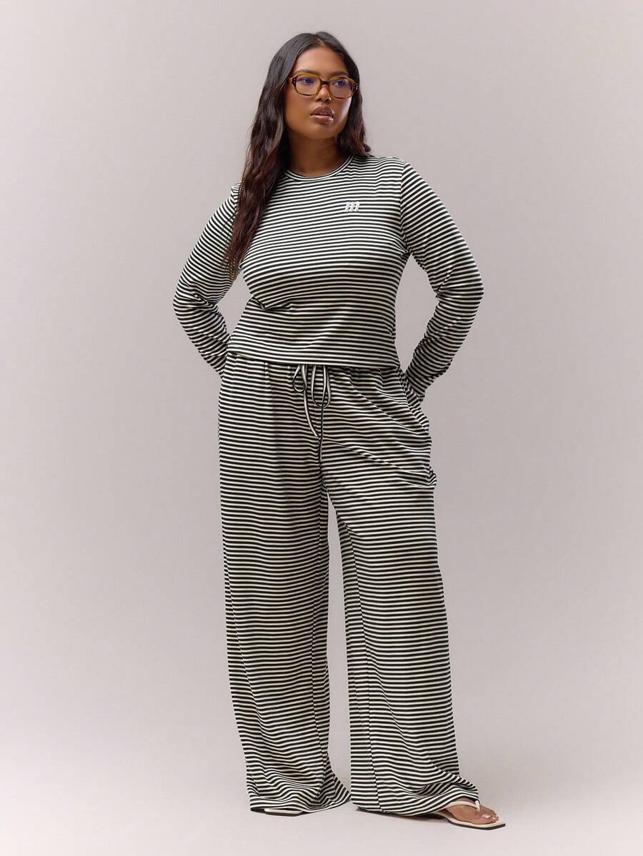 MUSERA Plus Wide Leg Baggy Drawstring Stripe Trousers Only Casual Cute Cosy   Night In - Black and White - View 1