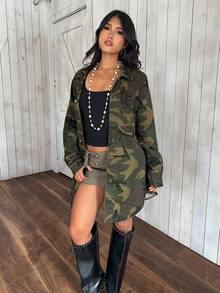 SHEIN PETITE Women's Fashionable Retro Camouflage Print Denim Coat - Army Green - View 6
