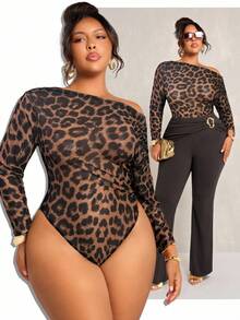 SHEIN SXY 大码女装春夏优雅性感日常简约时尚休闲网纱透视豹纹不对称连体衣 - 彩色 - 查看 1