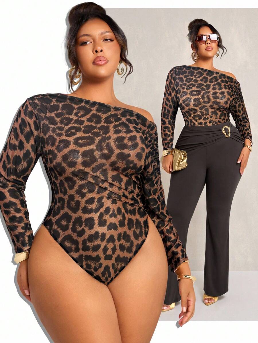 SHEIN SXY 大码女装春夏优雅性感日常简约时尚休闲网纱透视豹纹不对称连体衣 - 彩色 - 查看 1