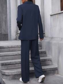 EMERY ROSE Women's Fashion Double-Breasted Suit Set For Work & Commute Women's Suits Blazer Set For Women Two Pieces Outfits Women Office Outfits For Women Set - Navy Blue - View 2