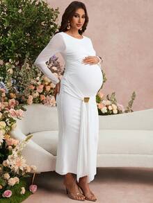 SHEIN 孕妇纯色网纱拼接扭结圆领长袖连衣裙 - 白色 - 查看 4