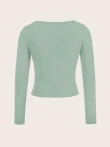 SHEIN EZwear 女士休闲简约高领插肩袖绿色修身长袖打底T恤，秋冬季 - 綠色 - 查看 3