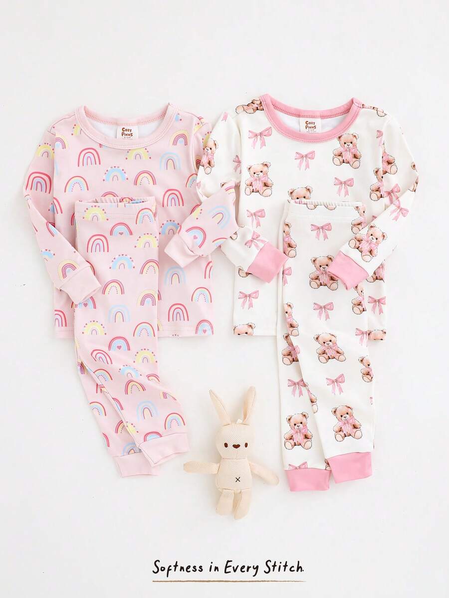 Cozy Pixies 女婴四件套贴身睡衣套装 - 波点、彩虹、爱心情人节图案圆领长袖上衣和松紧腰长裤 - 彩色 - 查看 1