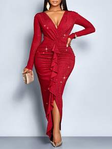 SOLERSUN Abito lungo elegante da donna taglia comoda per l'autunno e l'inverno, in tessuto lavorato a maglia con paillettes e lustrini, scollo a V profondo, arricciature sulla vita, maniche lunghe, spacco centrale anteriore, adatto per feste, eventi formali, matrimoni, Natale, colore bianco