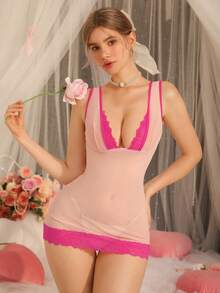 Elegant Lace Patchwork Contrast Color Deep V-Neck Bowknot Ruched Sexy Nightgown, Charming & Graceful For Women - Pink - View 3