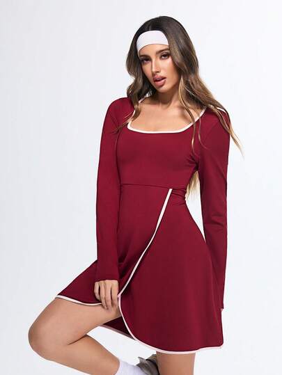 Eassivo Eassivo Women's Wine Red Contrast Trim Long Sleeve Active Dress, Square Neck Skater Dress, Casual Fit And Flare,Women's Casual Contrast Trim Long Sleeve Sports Dress