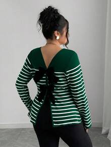 Elenzga Plus Size Striped Backless Bow Hollow Out Long Sleeve T-Shirt, Spring/Summer Women Long Sleeve Tops Green Top Women Bow Tops Backless Shirts Green Long Sleeve Top Green Striped Top Backless Bow Top Long Sleeve Green Top