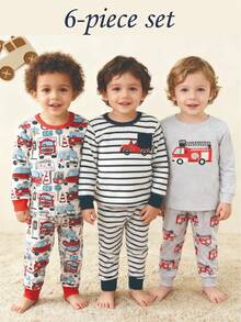 SHEIN Conjunto de pijama infantil masculino com 6 peças, body de tricô fofo com estampa de carrinho de desenho animado, roupa básica. - Multicolorido - Ver 4