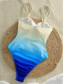 SHEIN Swim Vcay 女士撞色拼接褶皱镂空连体泳衣，夏季沙滩裙，女士沙滩比基尼，2026夏季腰果印花，适合夏季海滩度假、约会、下午茶、西式、邮轮、海滩、海岛、公路旅行、四季皆宜、音乐节、波西米亚风度假、秋日休闲，西式波西米亚风女士泳衣，收腹提臀连体泳衣，后系带连体泳衣，贝壳泳衣，镂空连体泳衣，单排扣泳衣，可爱女士泳衣，水钻泳衣，镂空连体泳衣，女士泳装 - 彩色 - 查看 6