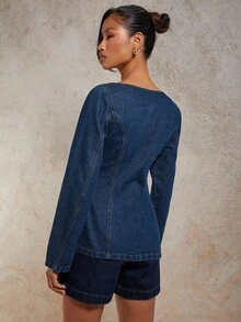 COSMINA Women's Solid Color Square Neck Button Front Long Sleeve Casual Denim Blouse, Old Money, Fall Women Clothes - Blue - View 3