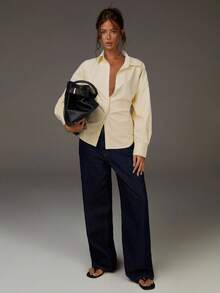 Athîral 女士休闲日常办公通勤条纹印花宽松蝙蝠袖系带衬衫，春秋季 - 淡黃色 - 查看 3